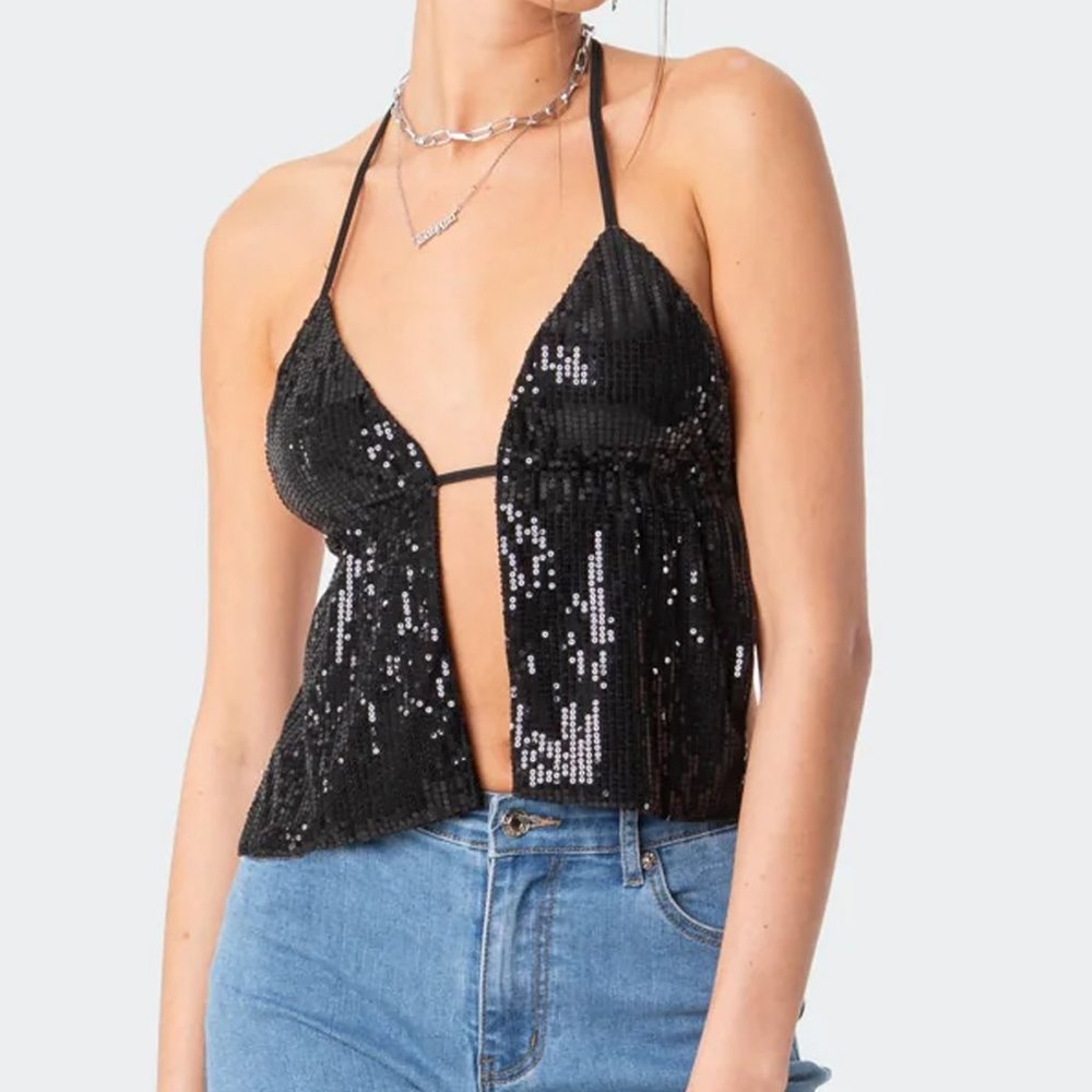 Edikted Estelle Open Back Black Sequin Top - Size S - CB23008